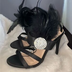 AKIRA Elegant Black Feather and Rhinestone Strappy Heels Sz 7